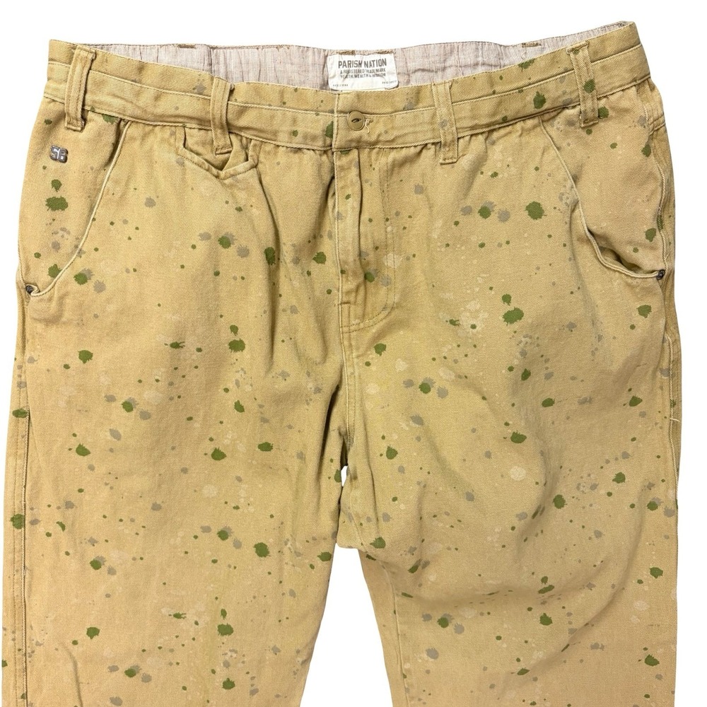 Parish Nation Mens Tan Paint Splatter Denim Pants Tapered Streetwear Size 36x31 - Picture 2 of 12